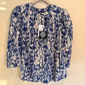 Bobeau Womens Blouse Small Navy White Abstract Design Buttons 3/4 Sleeves NWT